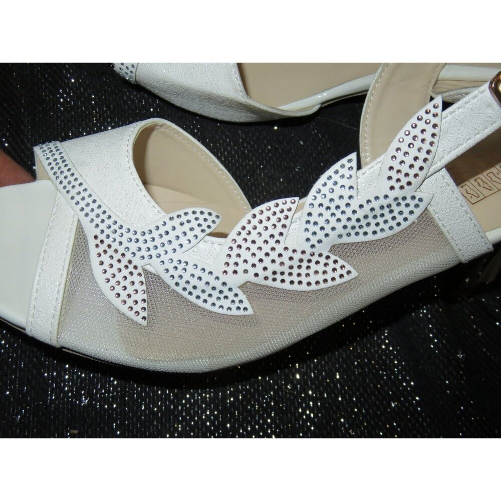 Sniler White Mesh Vegan Leather Slingback Floral Rhinestones Heels size 41 10.5 - Picture 3 of 10